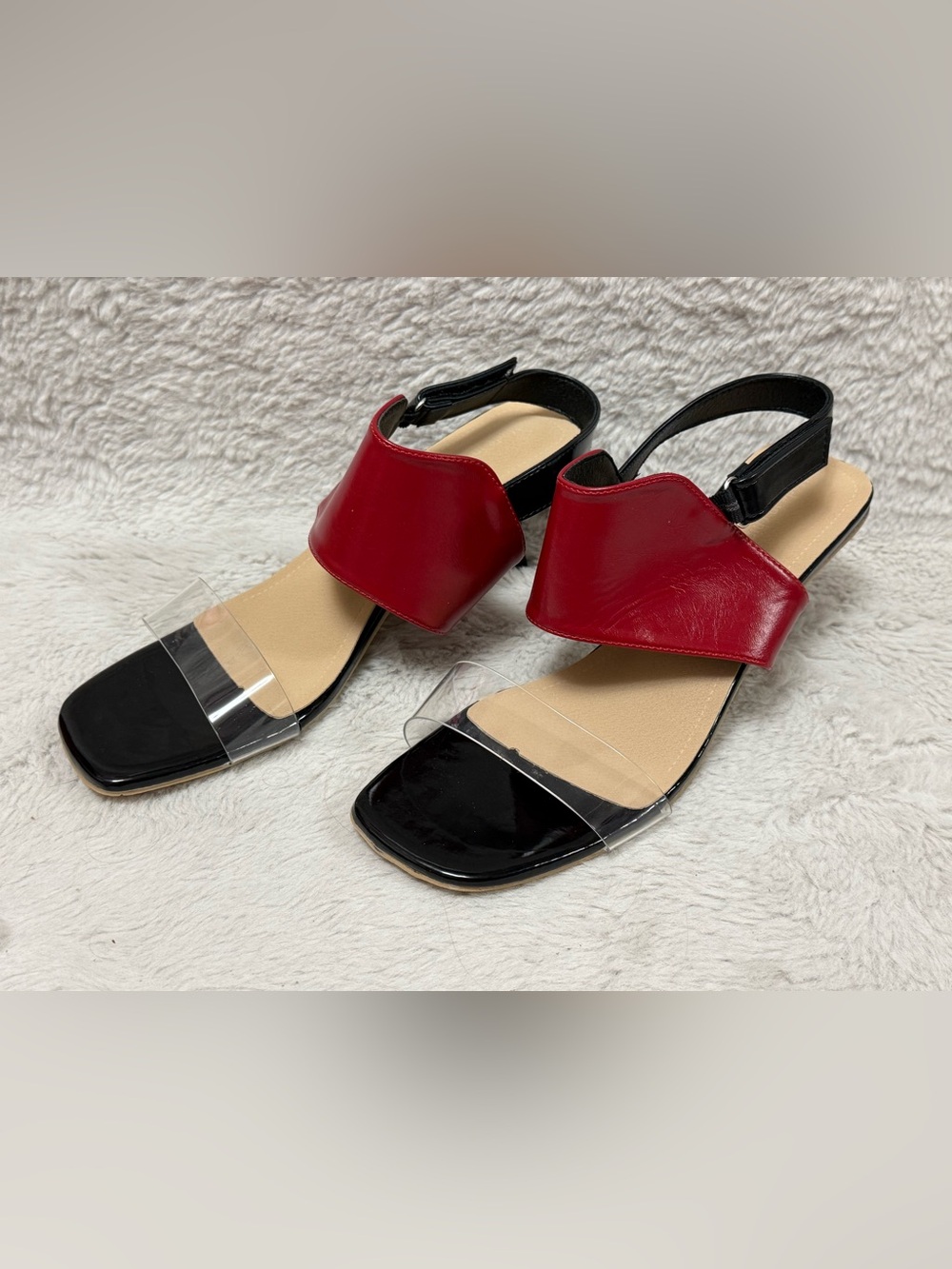 Women’s Red and Black Slingback Sandals with Clear Strap